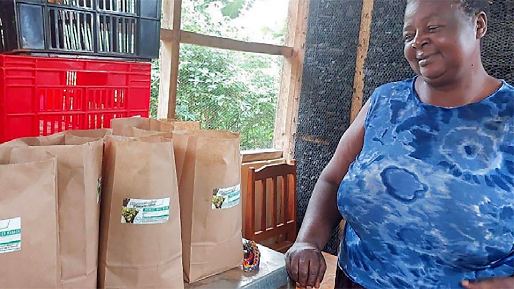 Margaret Atulo with sacks of her vegetables in front of her charcoal cooler