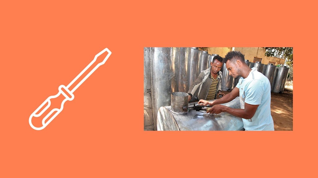 Youth artisans (SMEs) fabricating metal silos in Debub Achefer, Amhara Region, Ethiopia